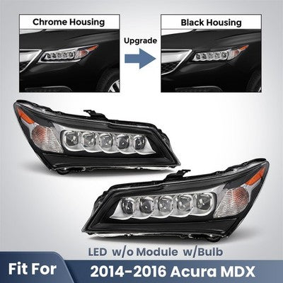 Fitment chart for Black Full LED Jewel Eye headlights, 2014-2016 Acura MDX