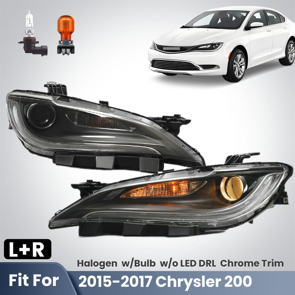 Pair halogen headlight front angle for 2015-2017 Chrysler 200