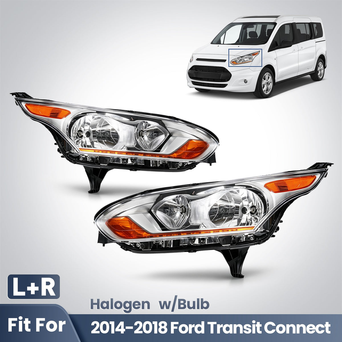 Fitment diagram for 2014-2018 Ford Transit Connect headlights