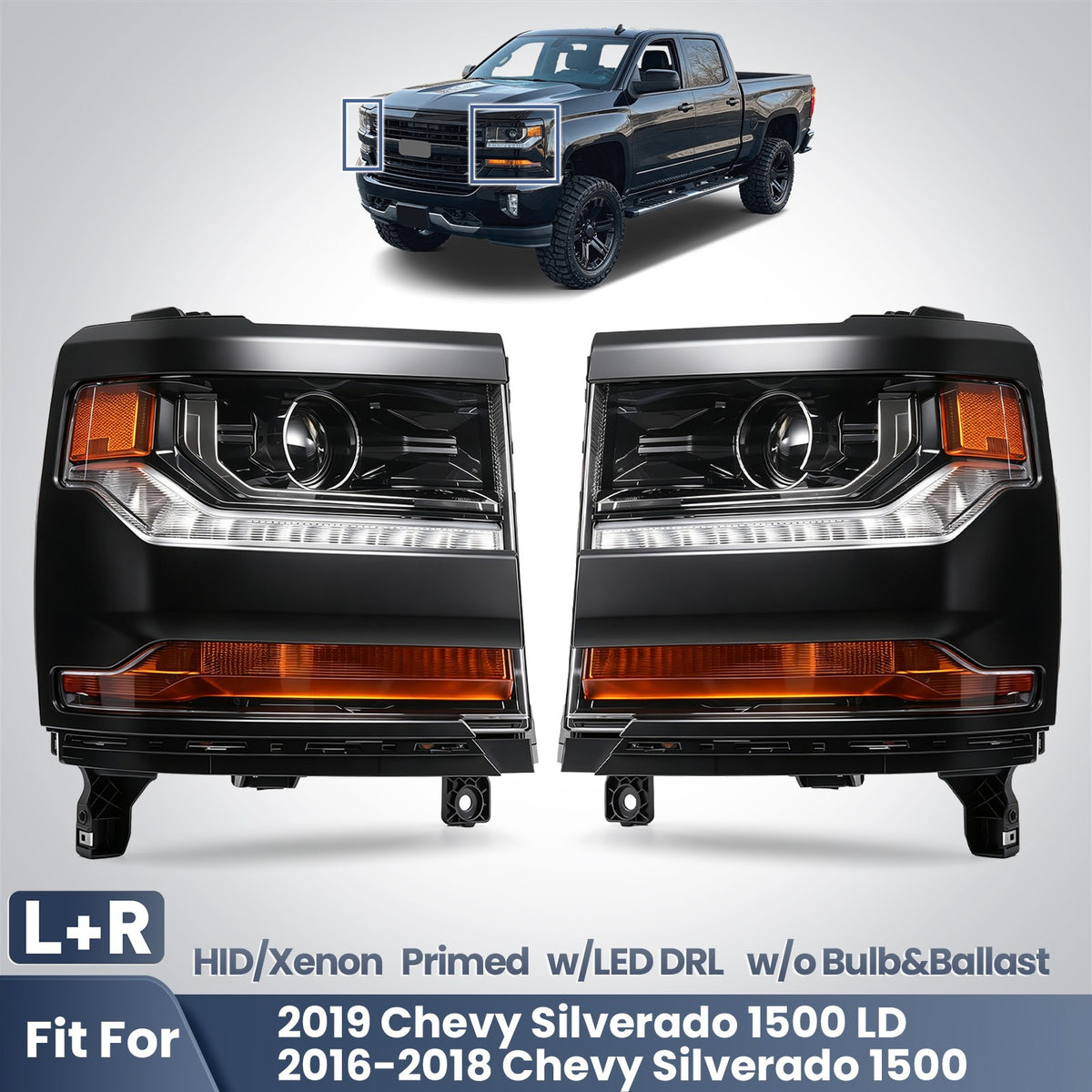 Pair HID headlight front angle for 2016-2018 Chevy Silverado 1500