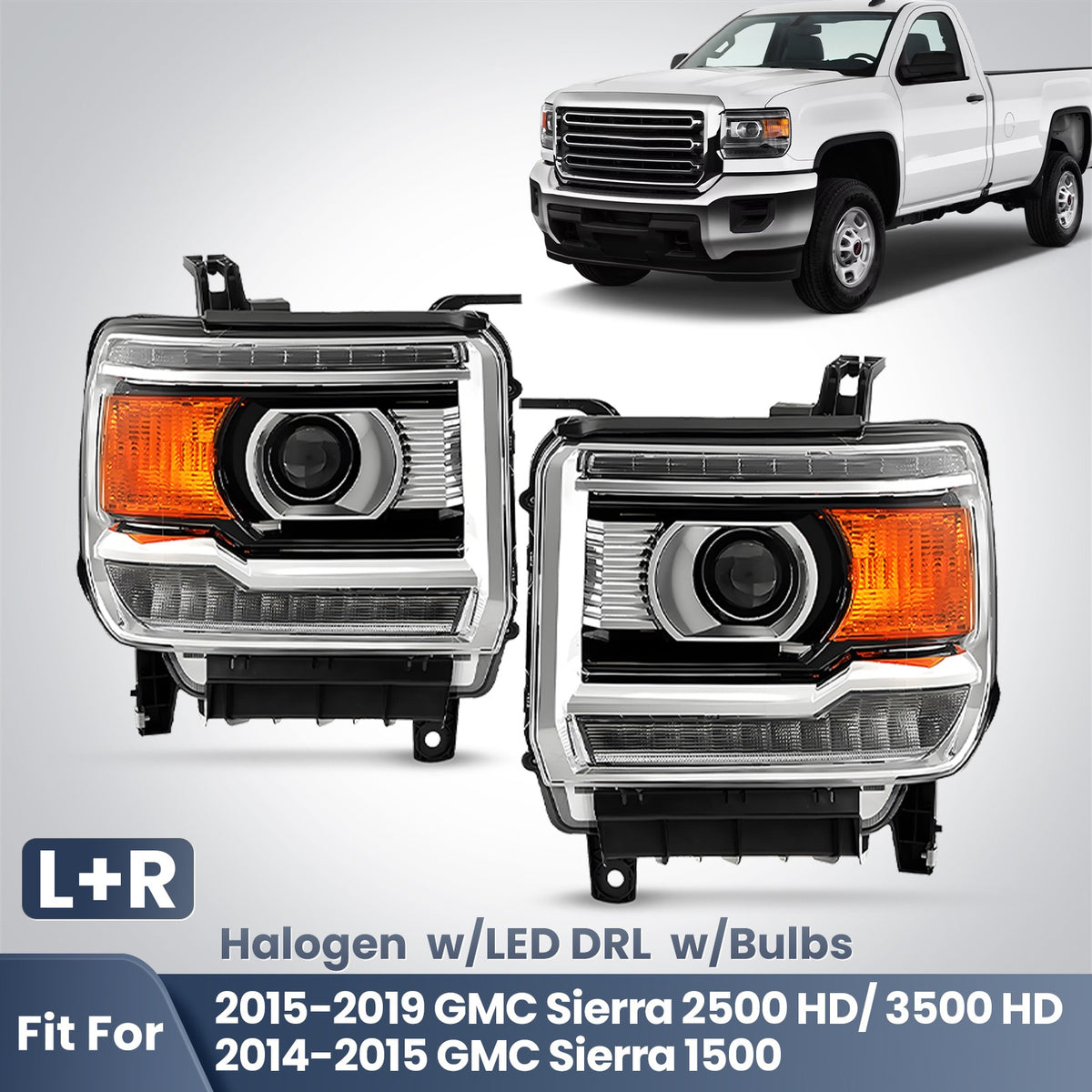 Fitment diagram for 2015-2019 GMC Sierra HD headlights