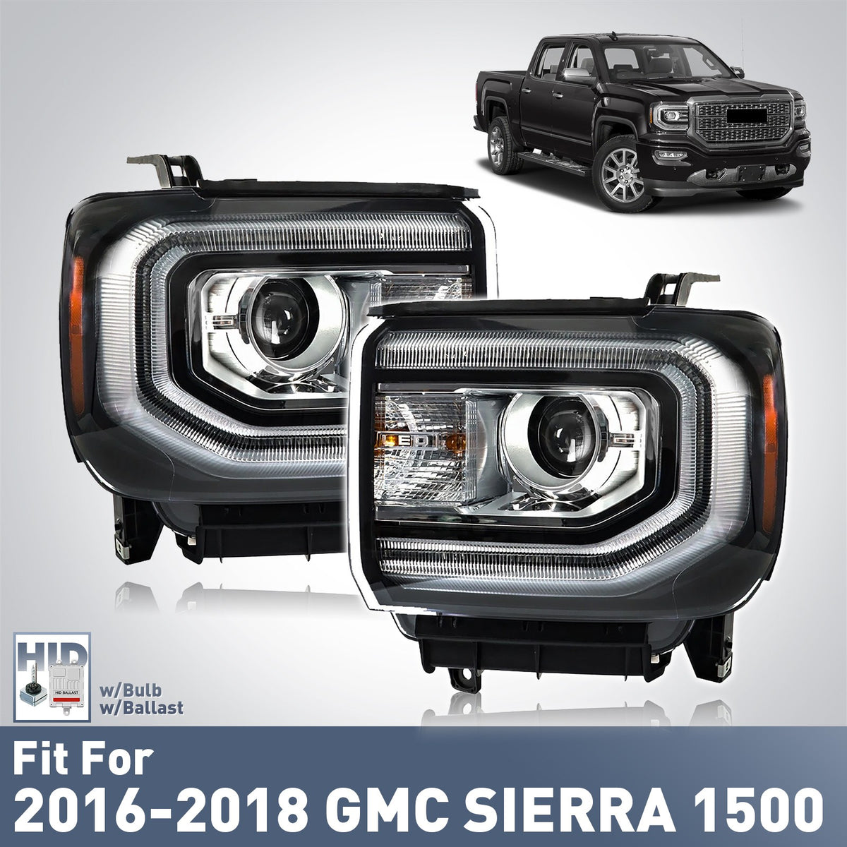 Pair HID headlight front angle for 2016-2018 GMC Sierra 1500
