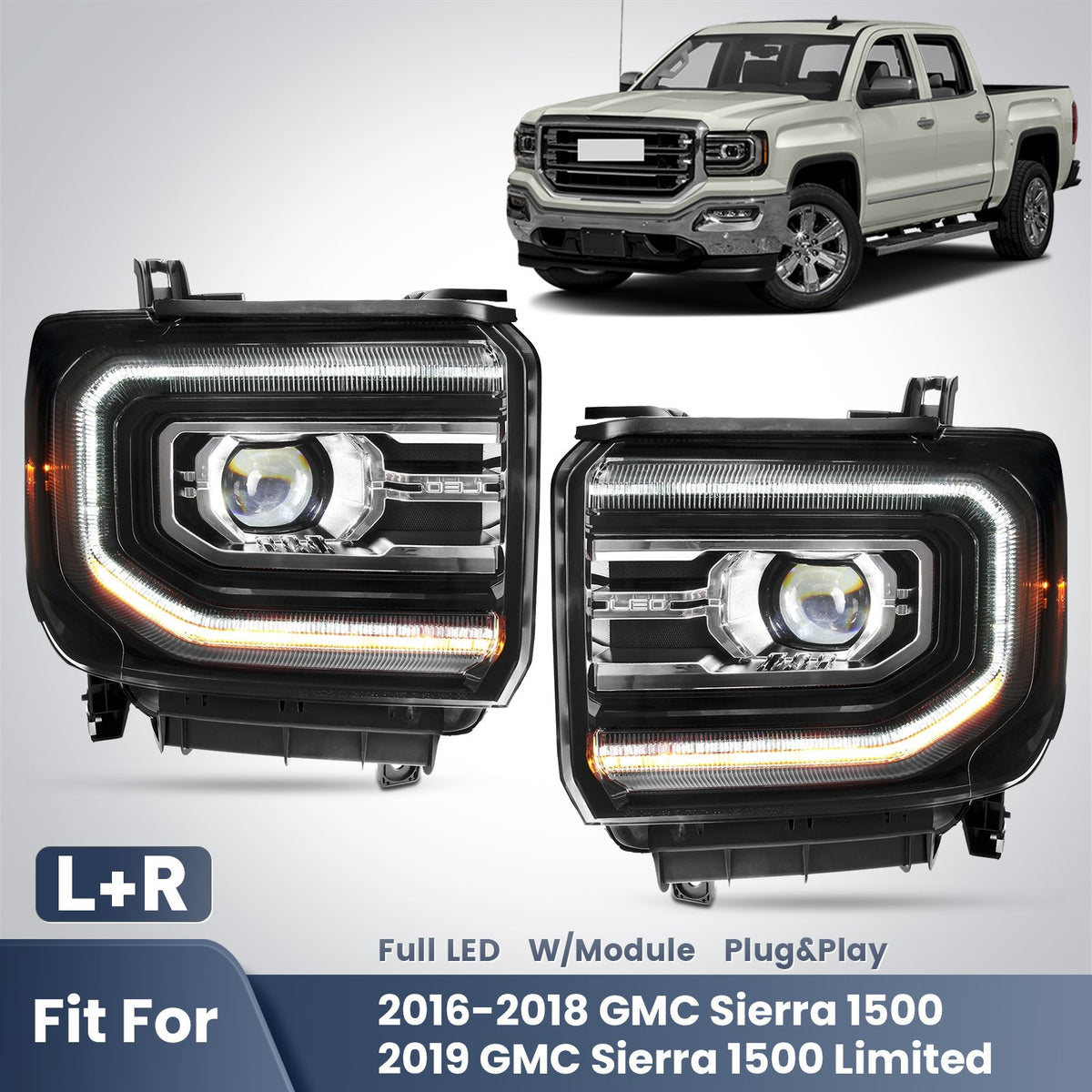 Pair LED headlight front angle for 2016-2018 GMC Sierra 1500
