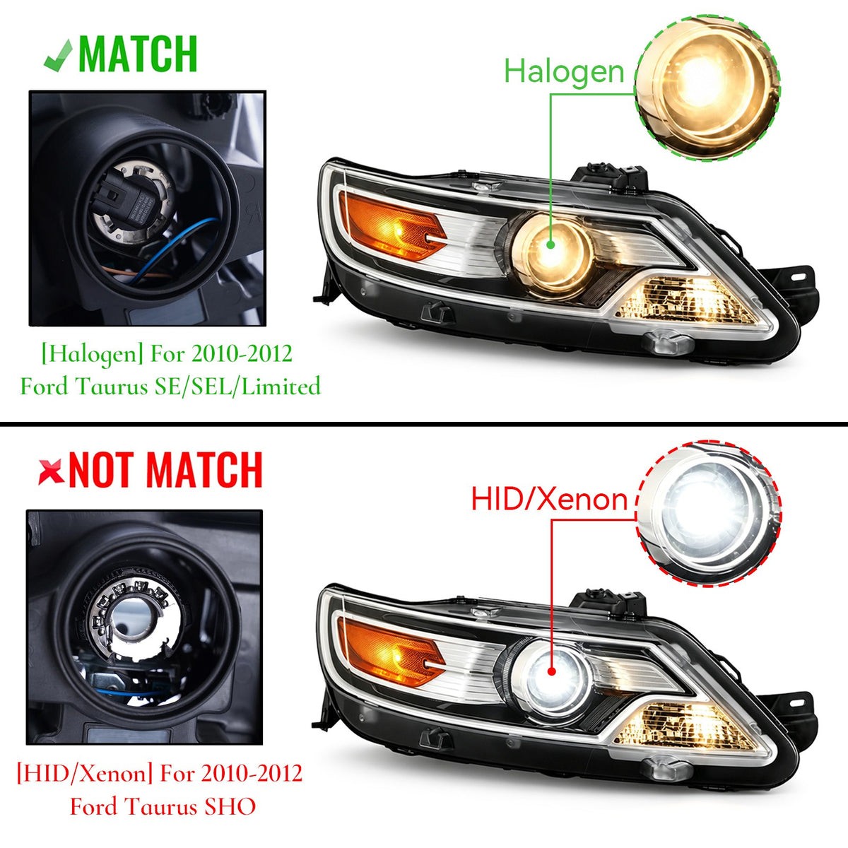 Pair halogen projector headlight front angle for 2010-2012 Ford Taurus