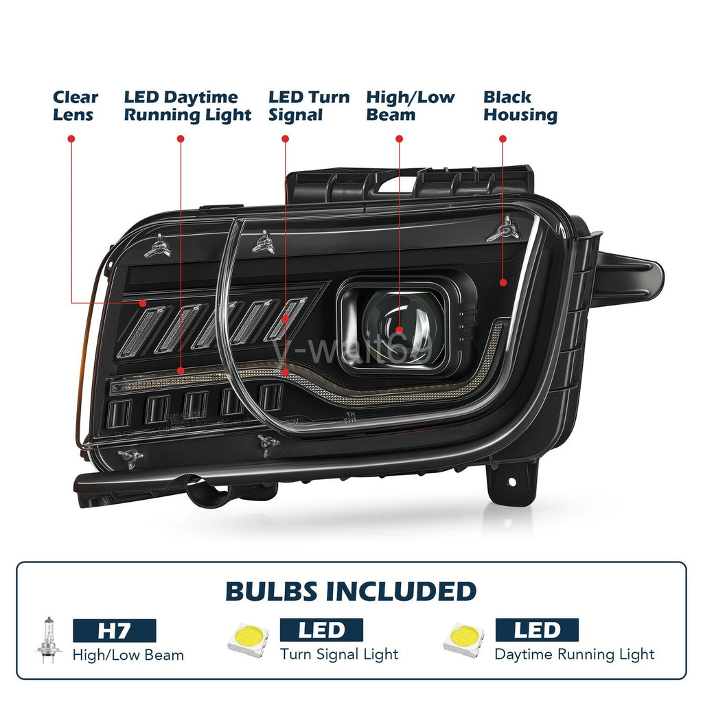 Headlight bulb size diagram for 2010-2013 Chevrolet Camaro Black Projector Halogen headlights