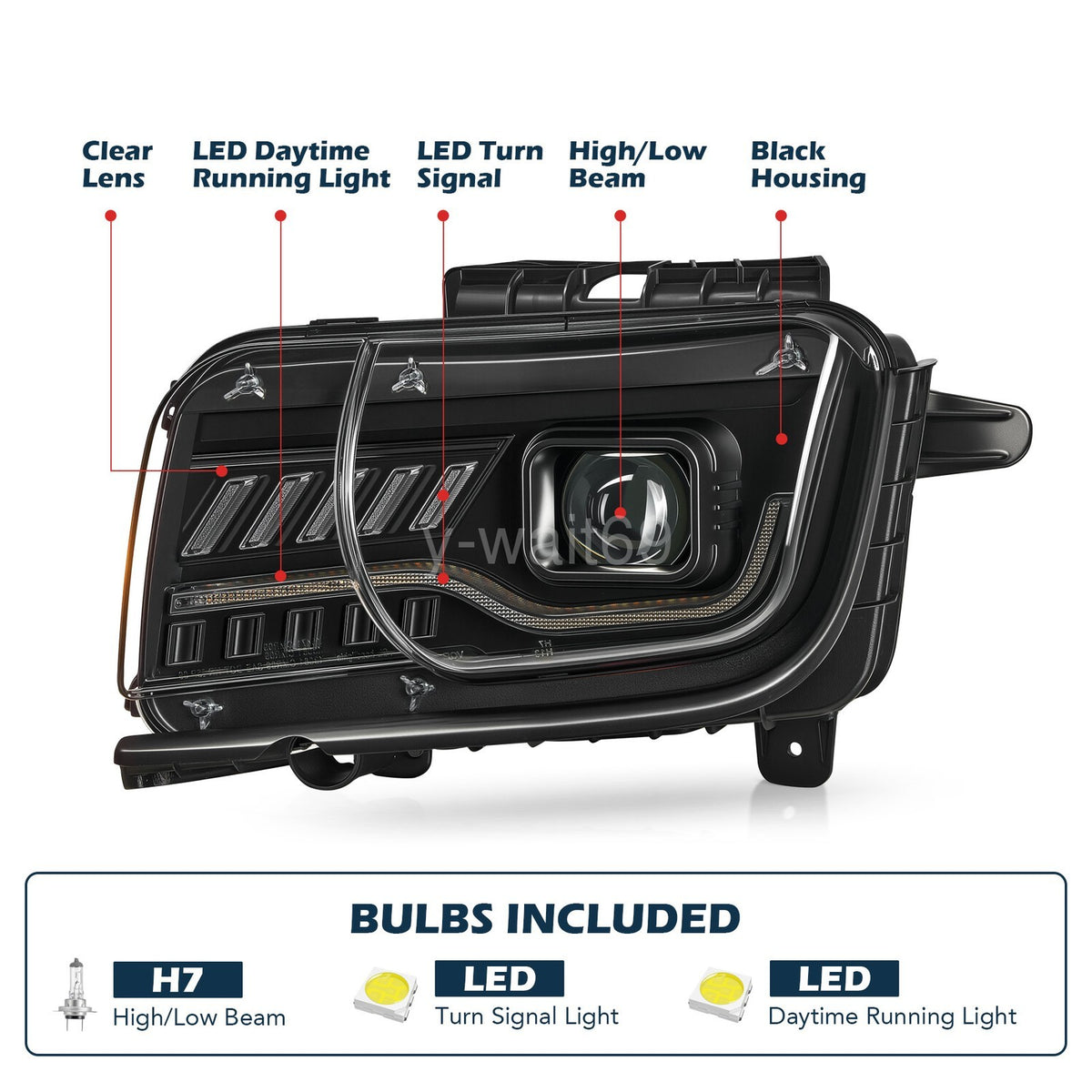 Headlight bulb size diagram for 2010-2013 Chevrolet Camaro Black Projector Halogen headlights