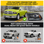 Fitment chart for Black Projector Halogen headlights, 2013-2018 Ram 1500 2500 3500