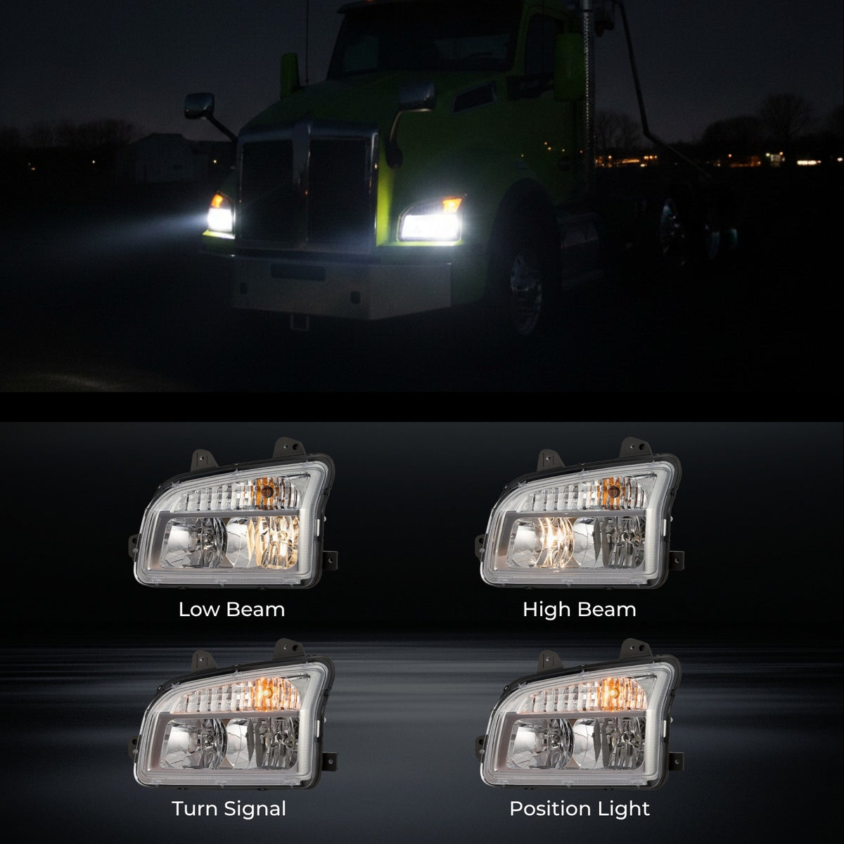 Chrome Halogen headlight features and specifications for 2014-2023 Kenworth T880