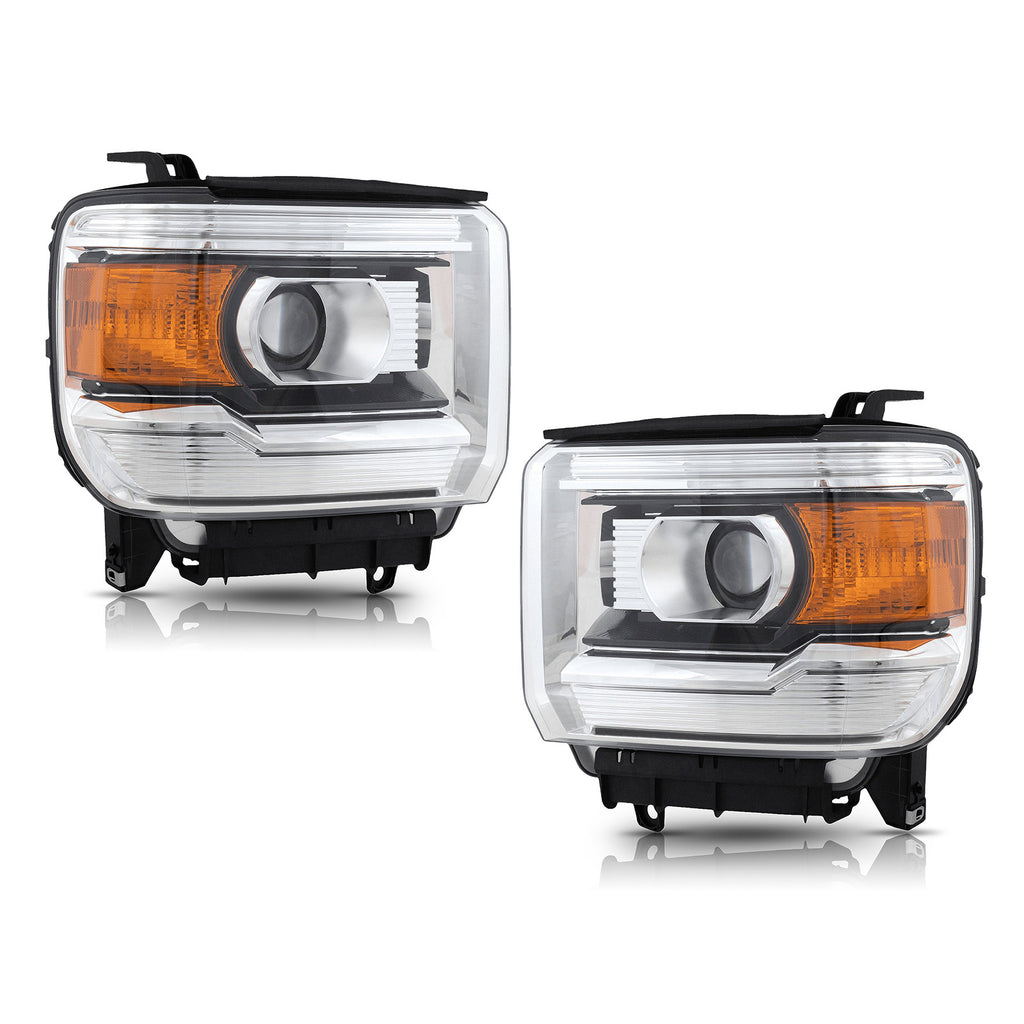 Chrome Halogen Projector Headlights Pair w/ Bulbs for GMC Sierra 1500 (2014-2015) & 2500HD/3500HD (2015-2019)