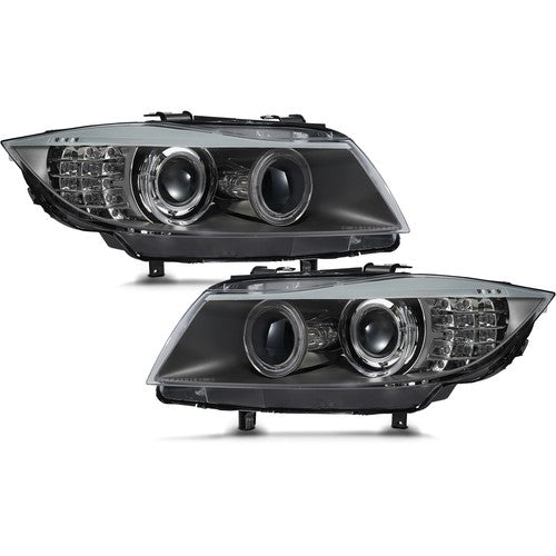Black Projector Headlights Pair w/ Angel Eyes Xenon-Style Upgrade for BMW 328i 335i E90 E91 Halogen (2009-2012)