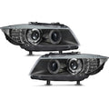 Black Projector Headlights Pair w/ Angel Eyes Xenon-Style Upgrade for BMW 328i 335i E90 E91 Halogen (2009-2012)