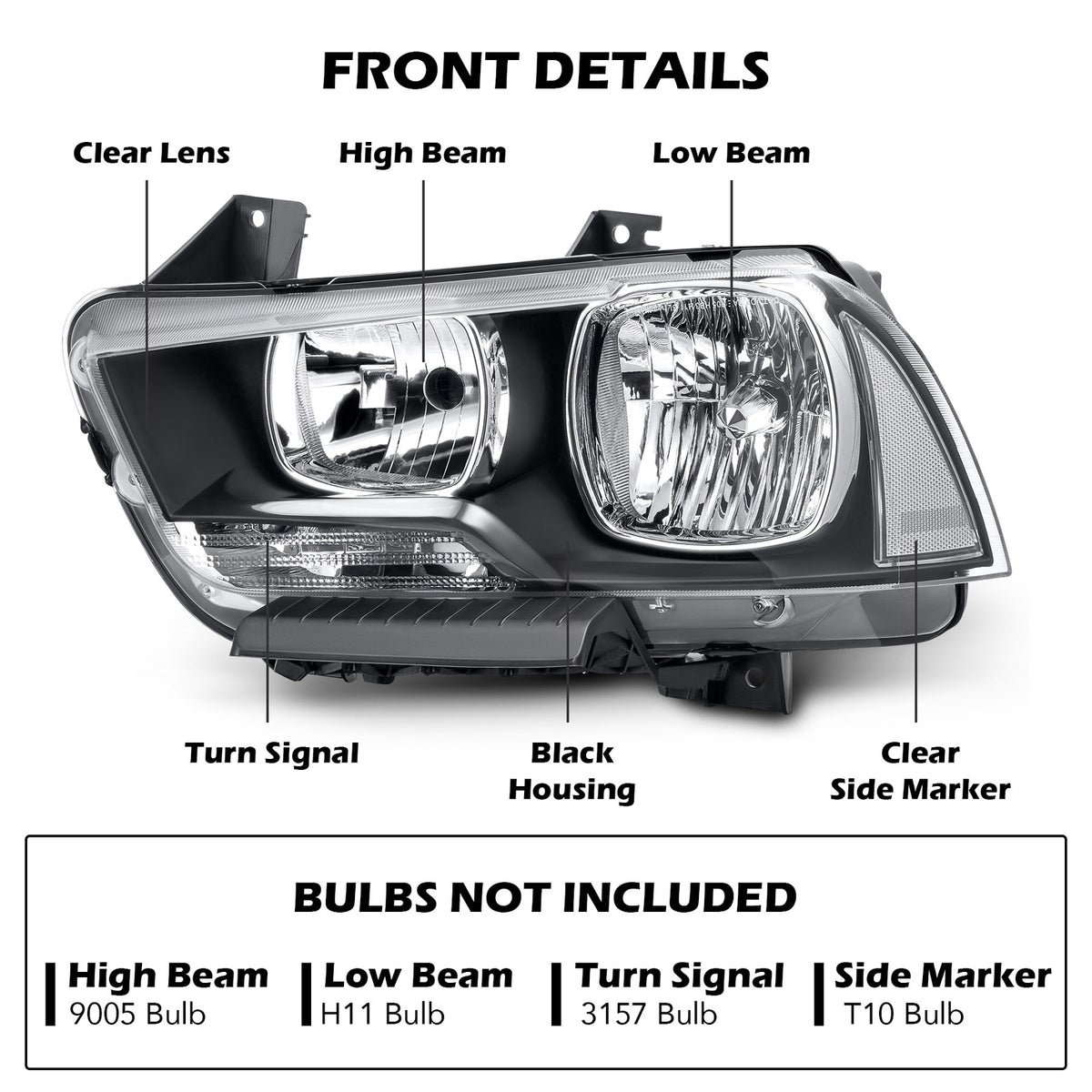 Headlight bulb size diagram for 2011-2014 Dodge Charger Black Halogen headlights