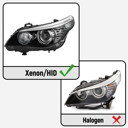 Xenon vs halogen fitment diagram for 2008-2010 BMW 5 Series E60 headlights