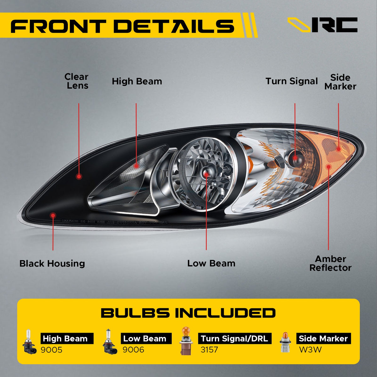 Headlight bulb size diagram for 2008-2016 International ProStar Black Halogen headlights
