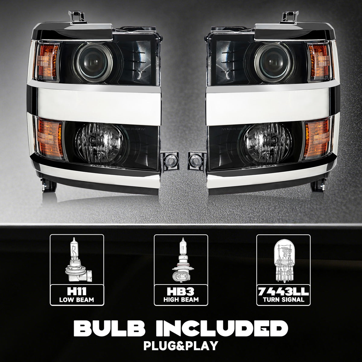 Pair halogen headlight front angle for 2015-2019 Chevy Silverado HD