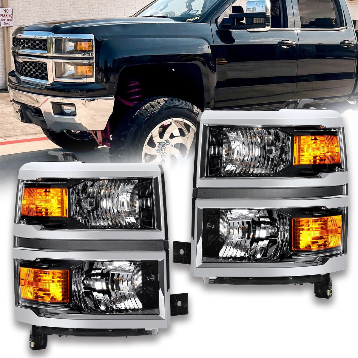 Black Halogen headlights pair front view for 2014-2015 Chevrolet Silverado 1500