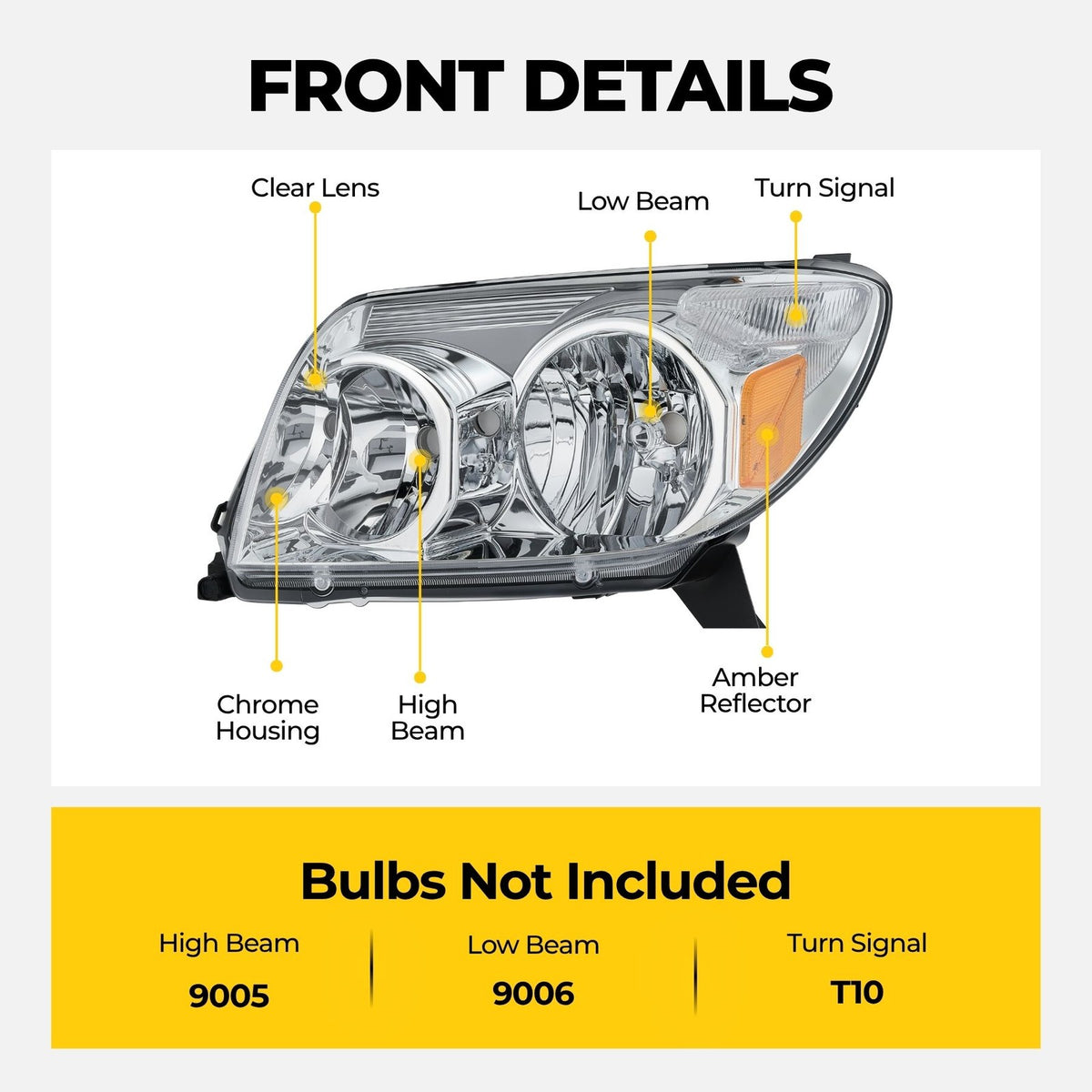 Headlight bulb size diagram for 2003-2005 Toyota 4Runner Chrome Halogen headlights
