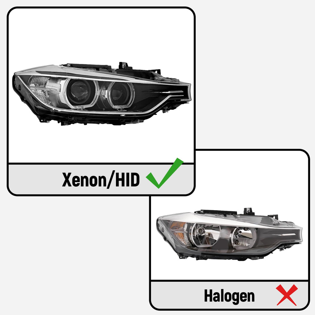 Xenon vs halogen fitment diagram for 2012-2015 BMW 3 Series F30 headlights