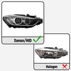 Xenon vs halogen fitment diagram for 2012-2015 BMW 3 Series F30 headlights