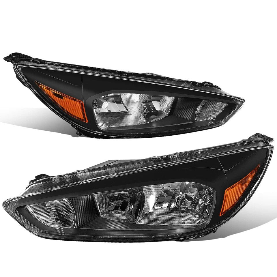 Black Bezel Halogen Headlights Pair w/o LED DRL for Ford Focus (2015-2018)