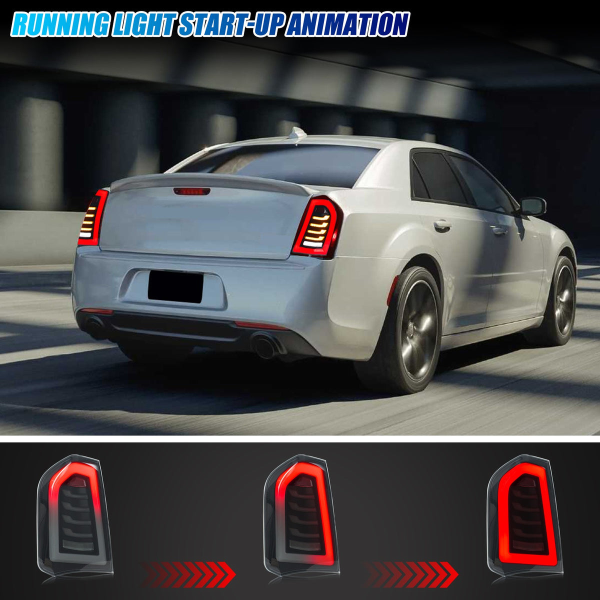 Running light start-up animation on the 2015-2023 Chrysler 300 LED tail lights