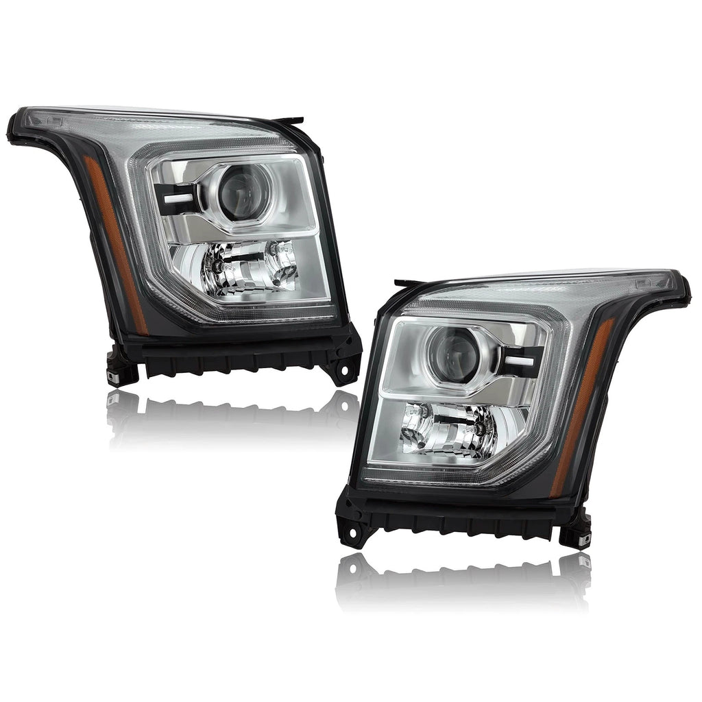 Chrome HID Projector Headlights Pair w/ Ballast, Bulbs & LED DRL for GMC Yukon / Yukon XL (2015-2020)