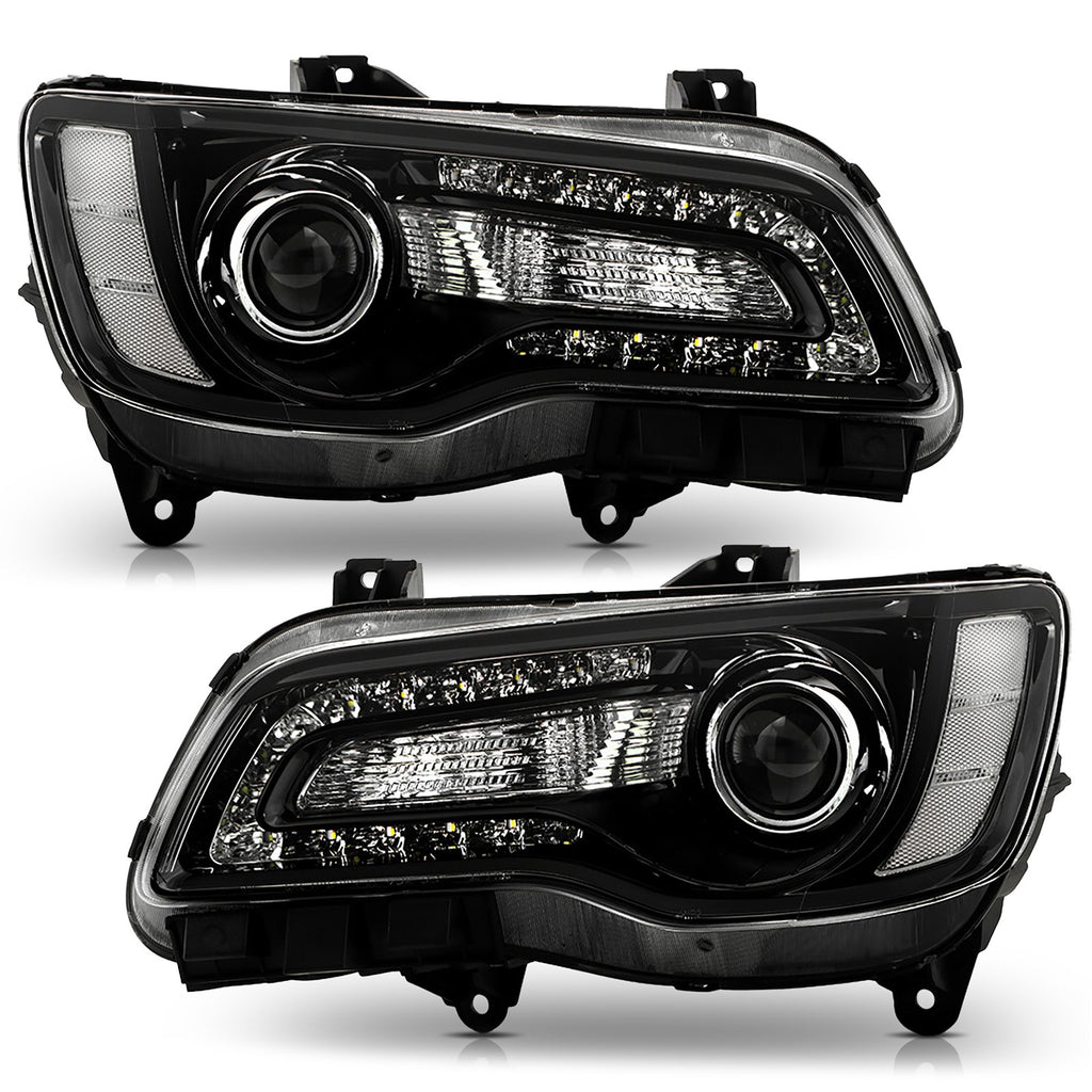 Black Halogen Projector Headlights Pair w/ LED DRL & Bulbs for Chrysler 300 (2015-2023)