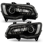 Black Halogen Projector Headlights Pair w/ LED DRL & Bulbs for Chrysler 300 (2015-2023)