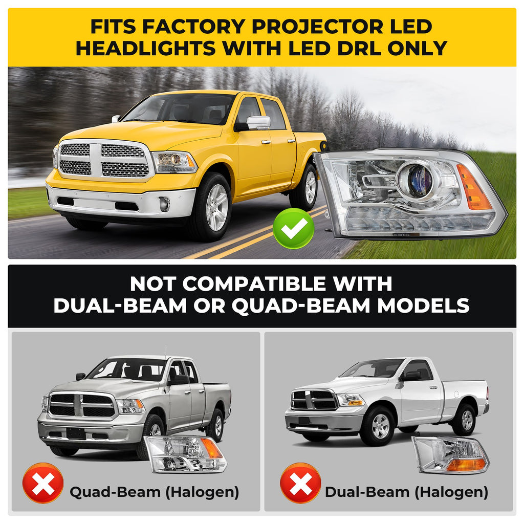 Fitment chart for Chrome Projector Halogen headlights, 2013-2018 Ram 1500 2500 3500