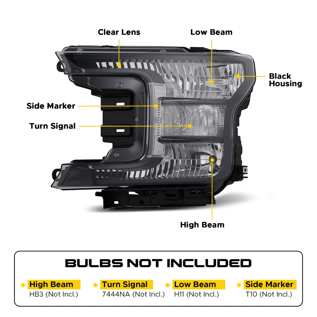 Headlight bulb size diagram for 2018-2020 Ford F-150 Black Halogen headlights