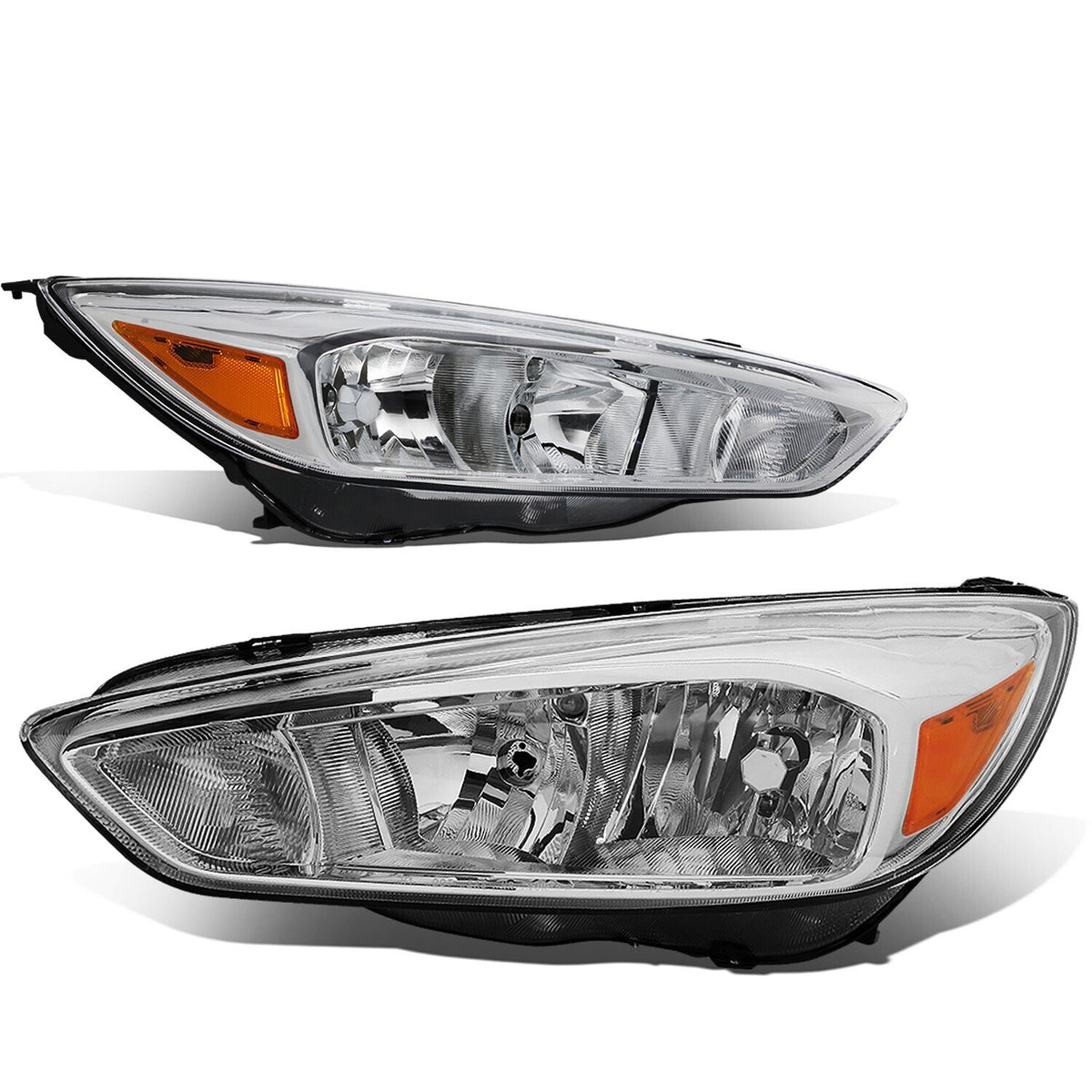 Chrome Halogen Headlights Pair w/o LED DRL w/ Bulbs for Ford Focus (2015-2018)