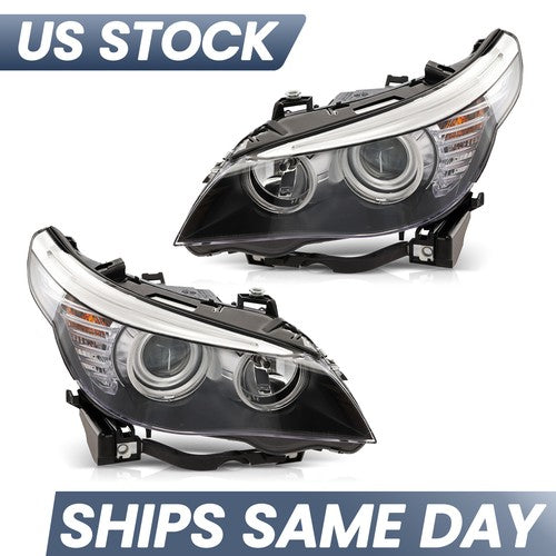 Black Halogen Angel Eye headlights pair front view for 2004-2010 BMW 5 Series E60 E61