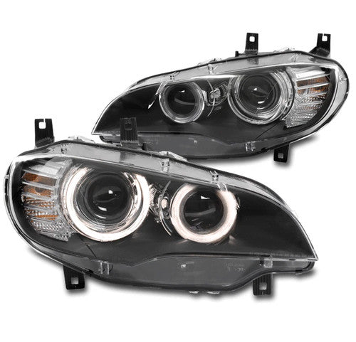 Black HID Projector Headlights Pair w/ AFS & Angel Eyes for BMW X6 E71 (2008-2014)