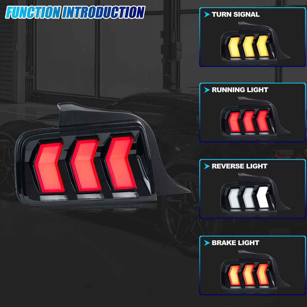 Running, brake, turn and reverse functions of the 2005-2009 Ford Mustang LED tail light