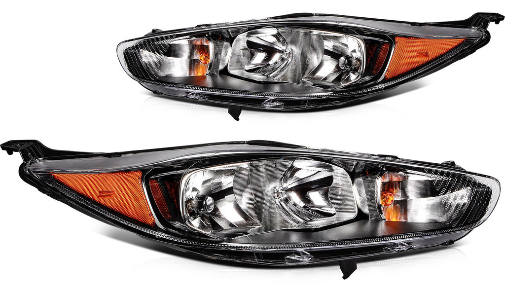 Black Bezel Halogen Headlights Pair w/ Bulbs & Smoked Reflectors for Ford Fiesta (2014-2019)