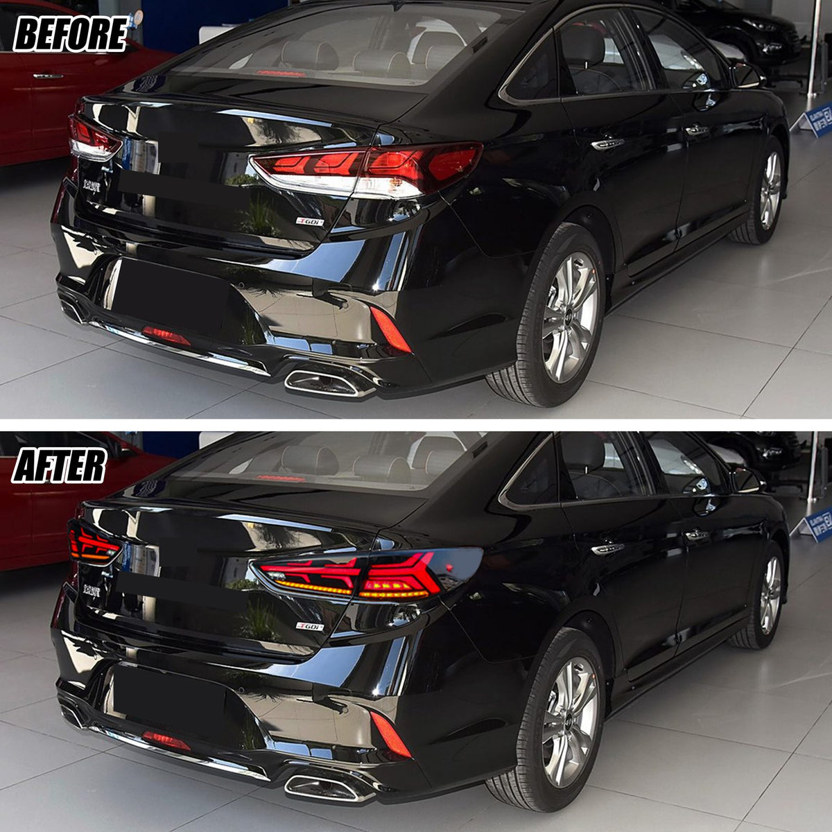 Before and after: factory vs LED tail lights on a 2018-2019 Hyundai Sonata