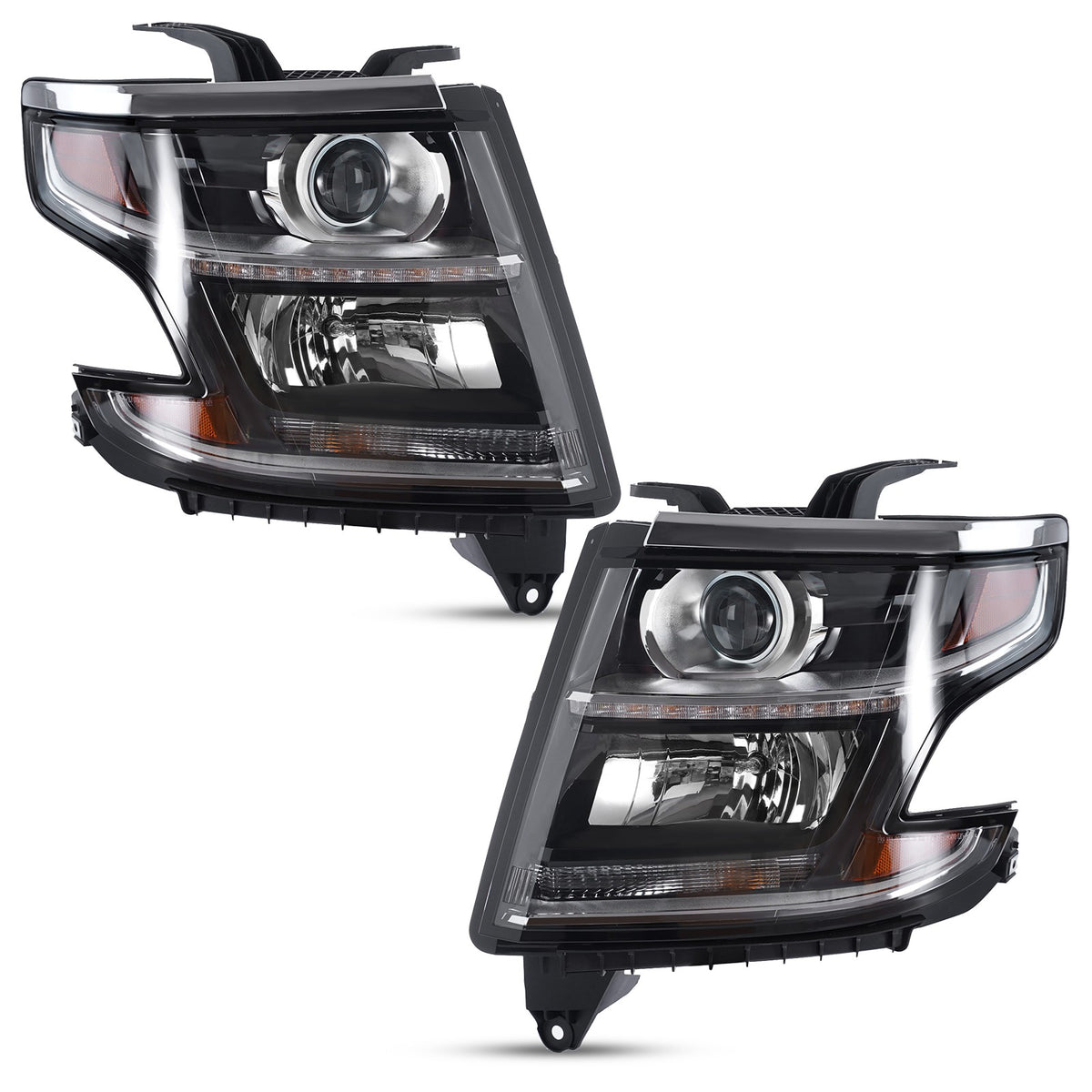 Black Halogen Projector Headlights Pair w/ LED DRL & Bulbs for Chevy Tahoe / Suburban (2015-2020)