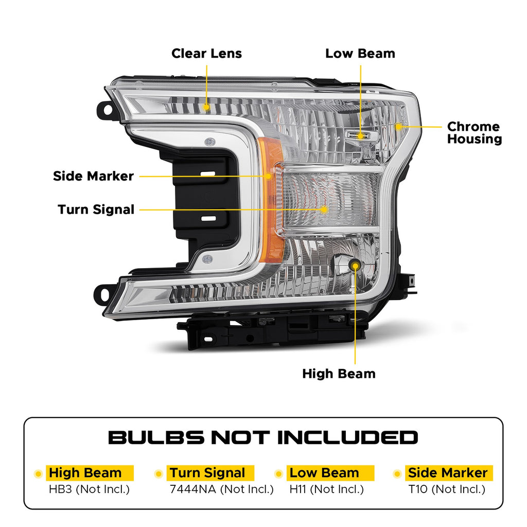 Headlight bulb size diagram for 2018-2020 Ford F-150 Chrome Halogen headlights