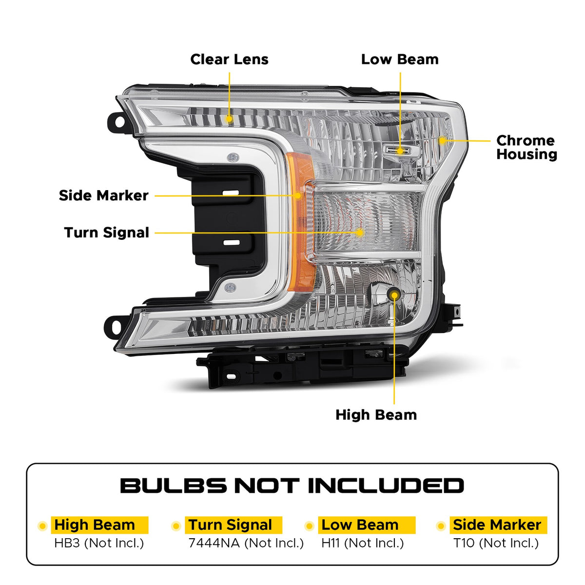 Headlight bulb size diagram for 2018-2020 Ford F-150 Chrome Halogen headlights