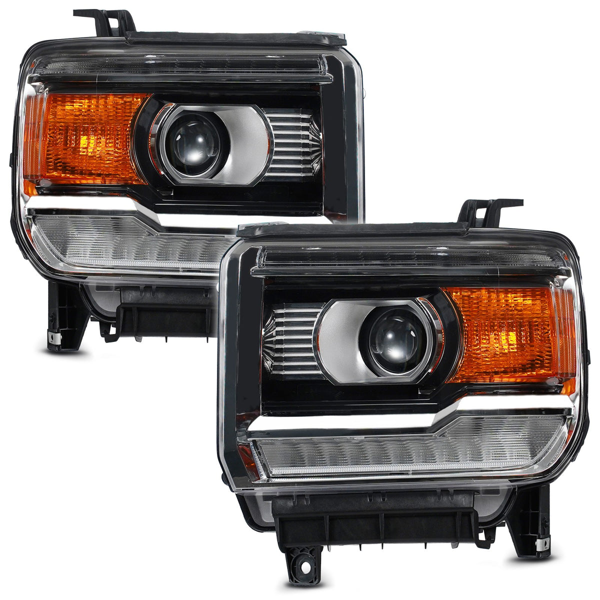 Chrome Halogen Projector Headlights Pair w/ LED DRL & Bulbs for GMC Sierra 2500HD 3500HD (2015-2019) & 1500 (2014-2015)