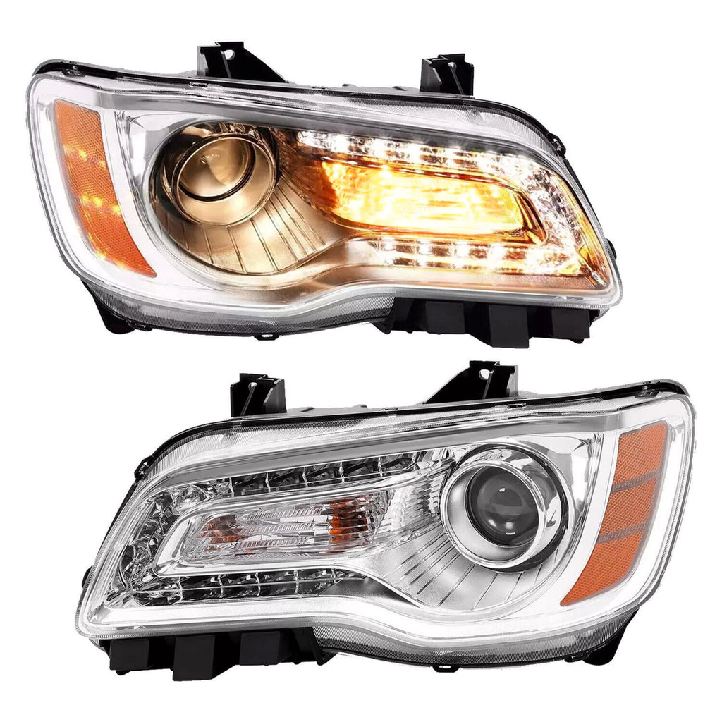 Chrome Halogen Projector Headlights Pair w/ LED DRL for Chrysler 300 (2011-2014)