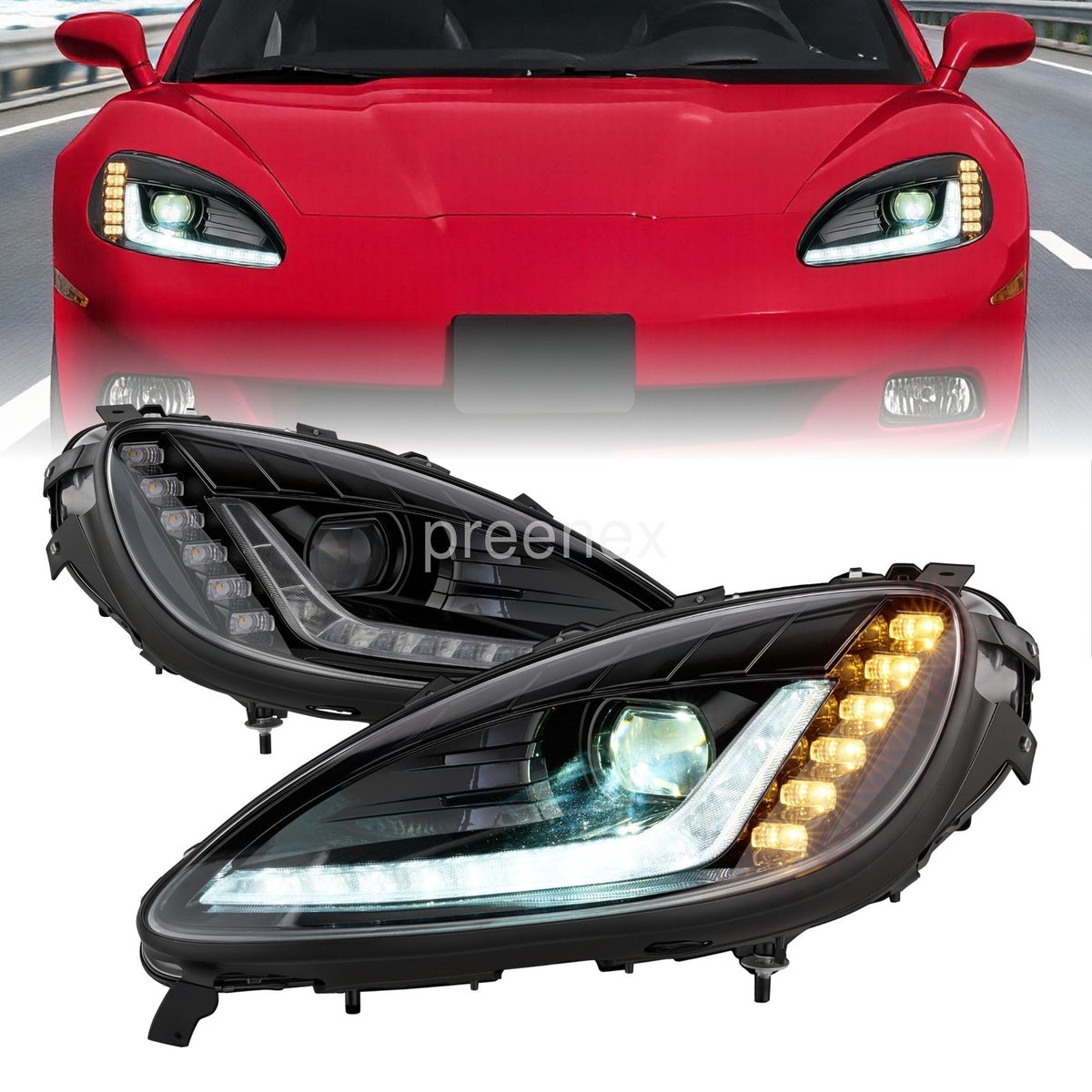 C7 Style LED Projector headlights pair front view for 2005-2013 Chevrolet Corvette C6