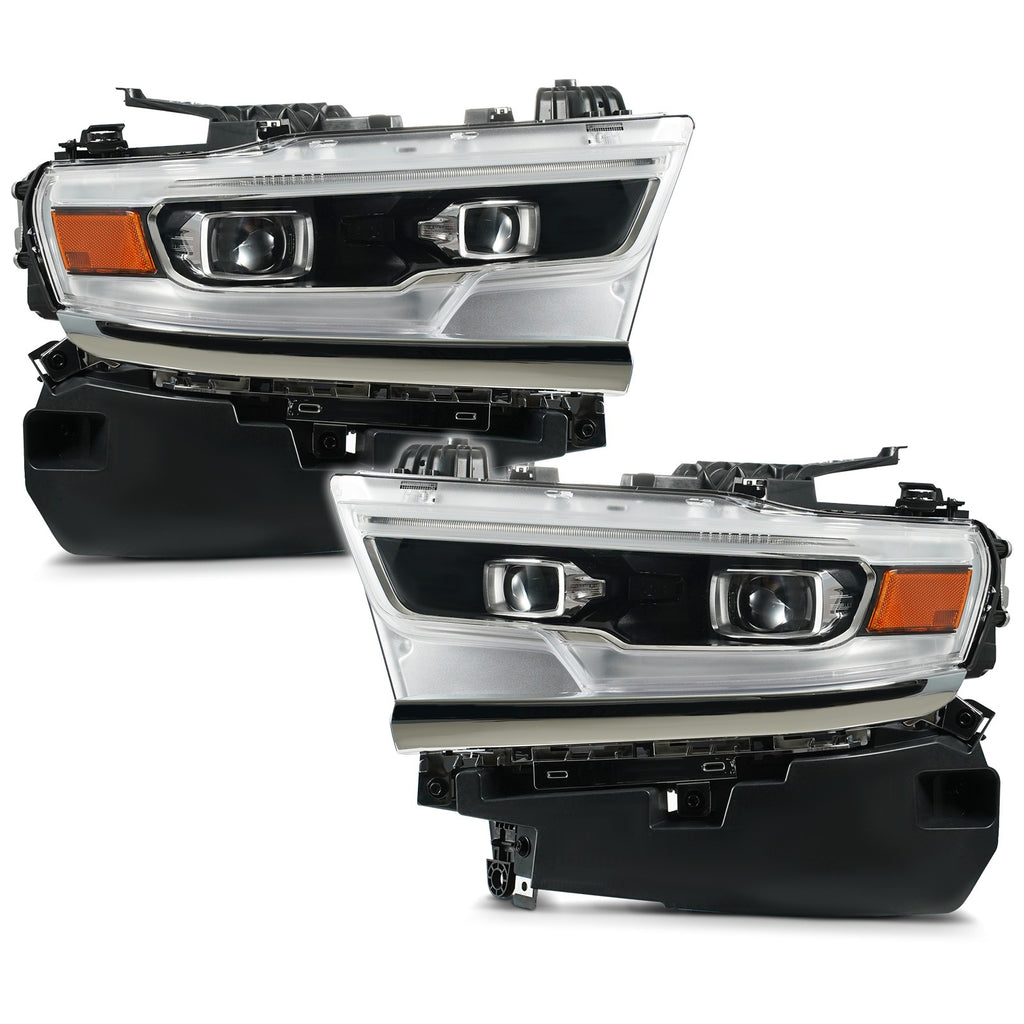 Full LED Projector Headlights Pair w/ AFS, Chrome Bezel for Ram 1500 (2019-2024)