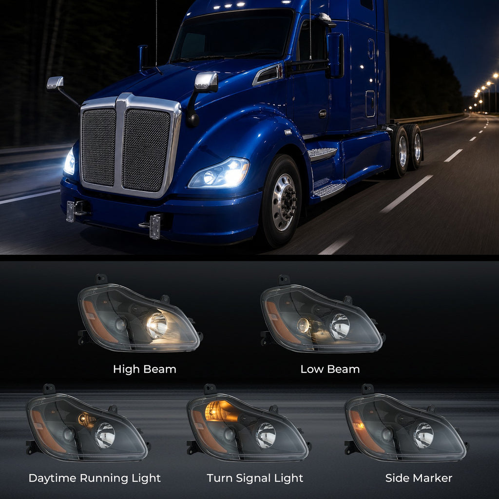 Black Halogen headlight features and specifications for 2013-2021 Kenworth T680