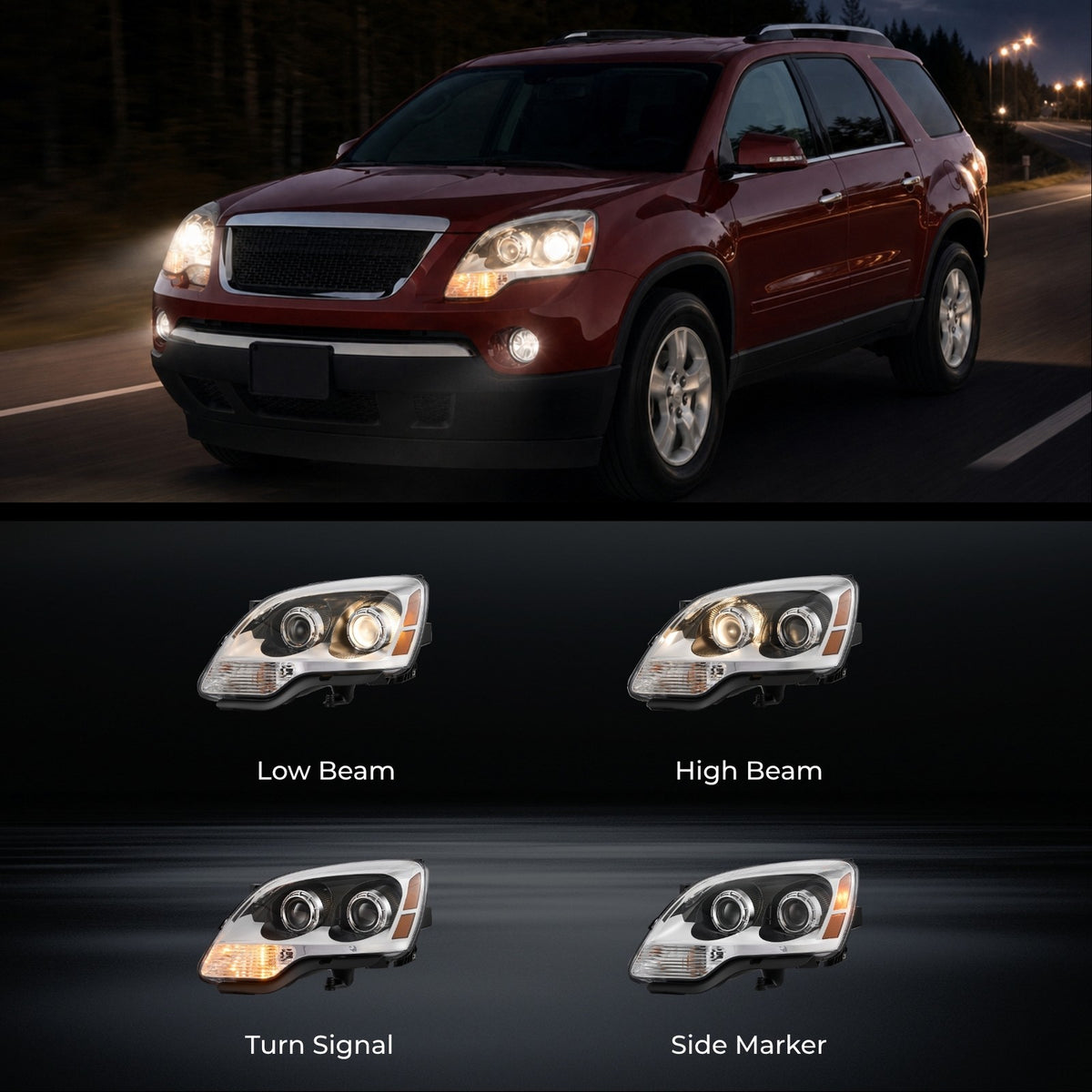 Chrome Projector Halogen headlight features and specifications for 2007-2012 GMC Acadia