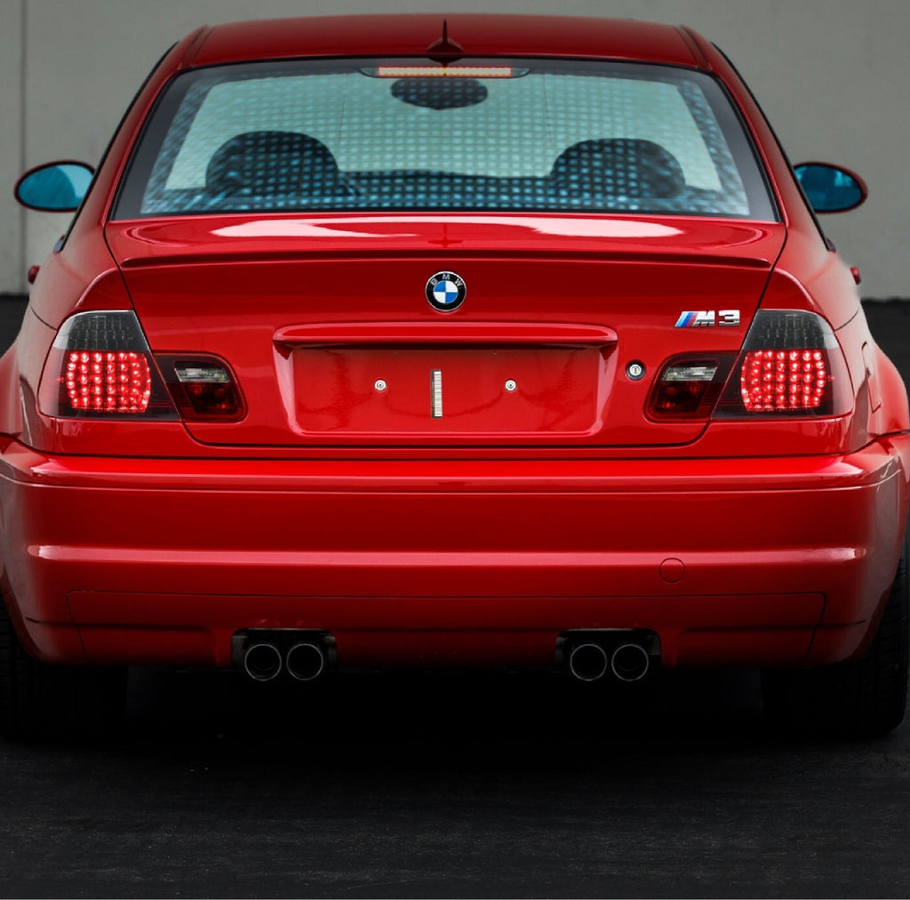Rear view of a BMW E46 M3 coupe with red/smoke LED tail lights installed