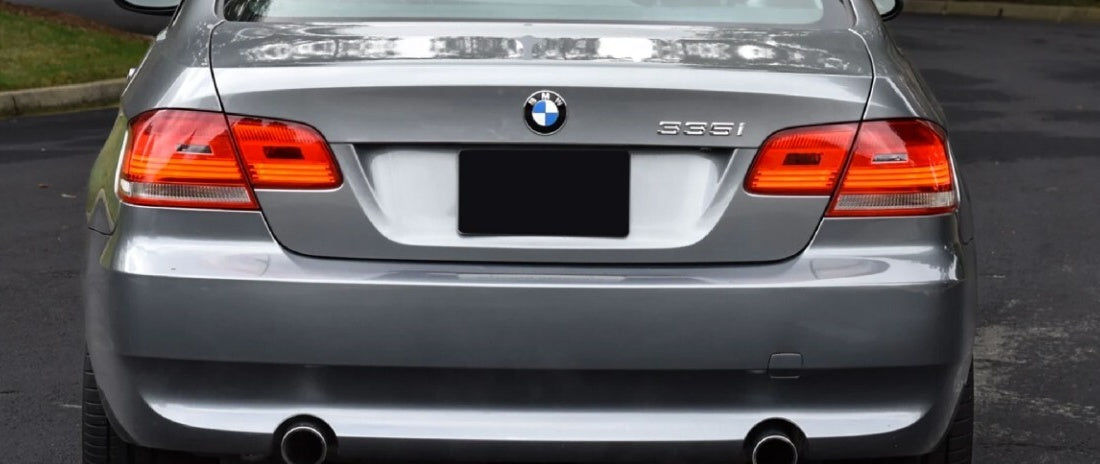 LCI style LED tail lights installed on a gray BMW E92 335i coupe