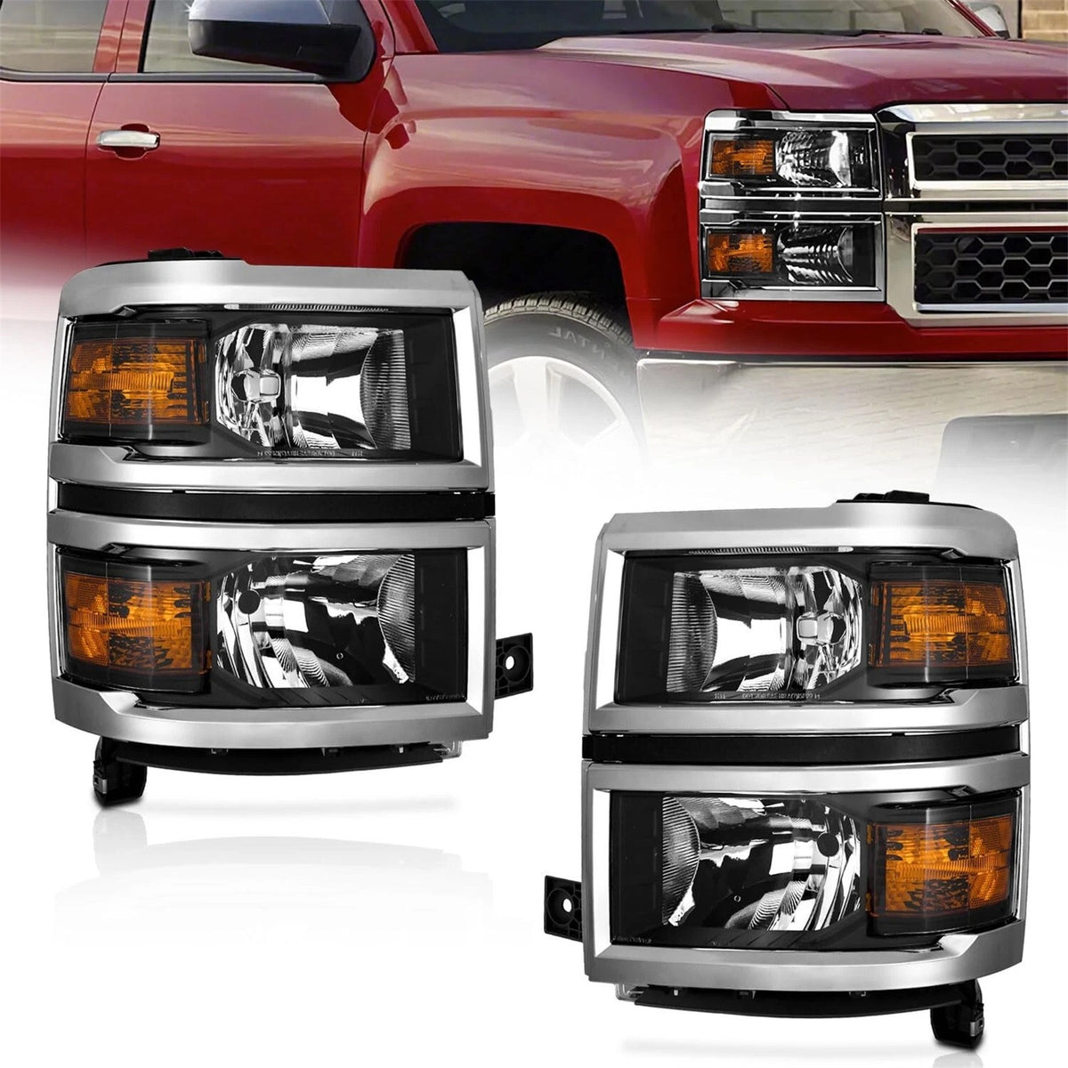 Driver side Black Halogen headlight close-up for 2014-2015 Chevrolet Silverado 1500