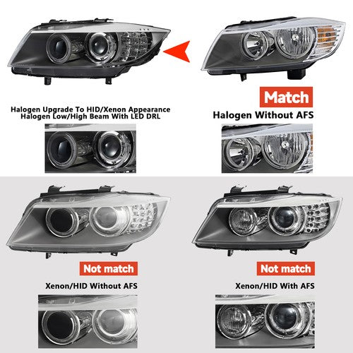 Halogen vs xenon fitment diagram for 2009-2012 BMW 3 Series E90 headlights