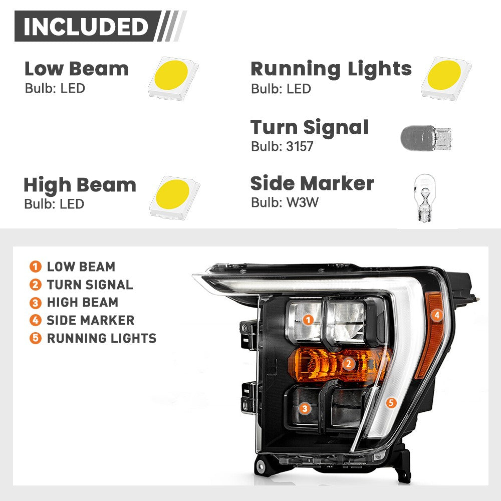 Pair LED headlight front angle for 2021-2023 Ford F-150